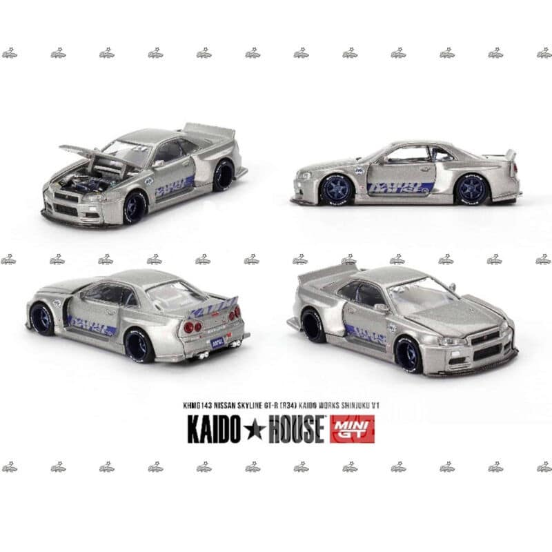 mini gt   kaido house   143 nissan skyline gt r r34 kaido works shinjuku v1