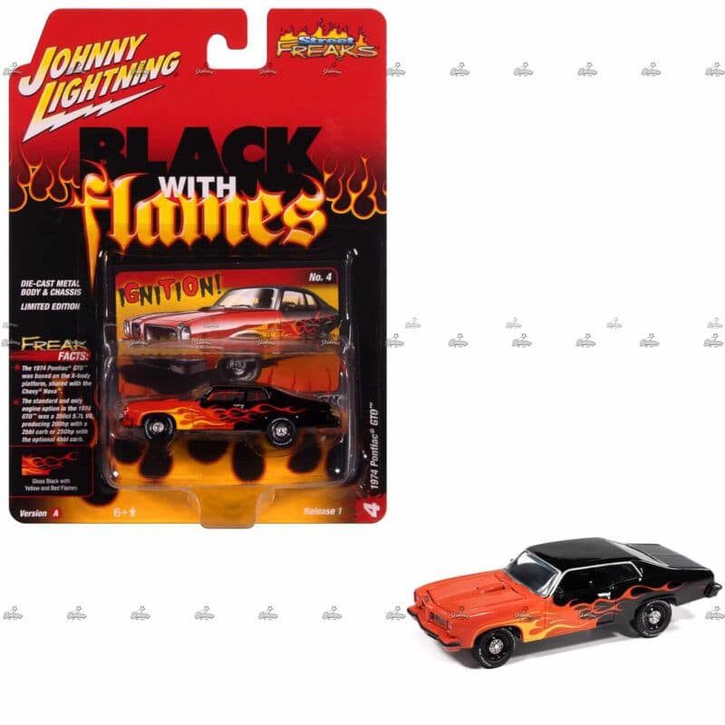 Johnny Lightning   1974 Pontiac GTO   BLACK WITH FLAMES STREET FREAKS